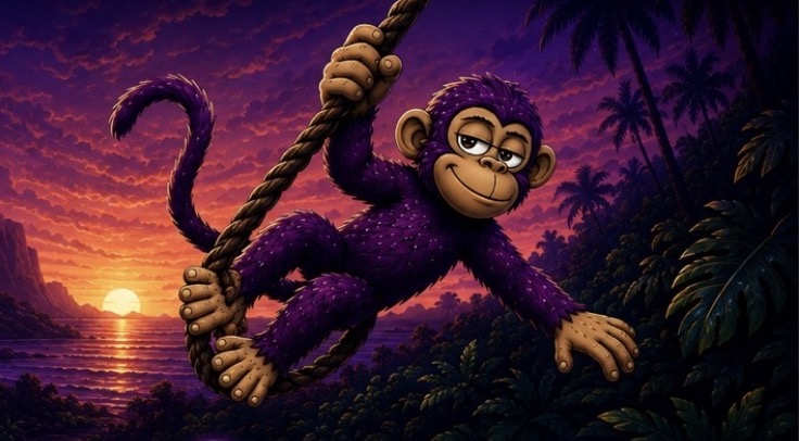 PlumMonkey swinging on a vine over a jungle sunset
